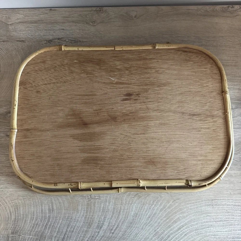 Rattan Bamboo Wicker Trays MCM Mid Century Woven Boho‎ Kitsch Tiki Bar Lot of 2